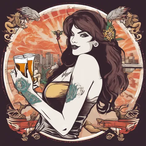 circular drawing of a sensual woman in rocker style with a beer in her right and left hands making the rock and roll symbol, with tattoos on her arm, with the Rolling Stones logo in the background