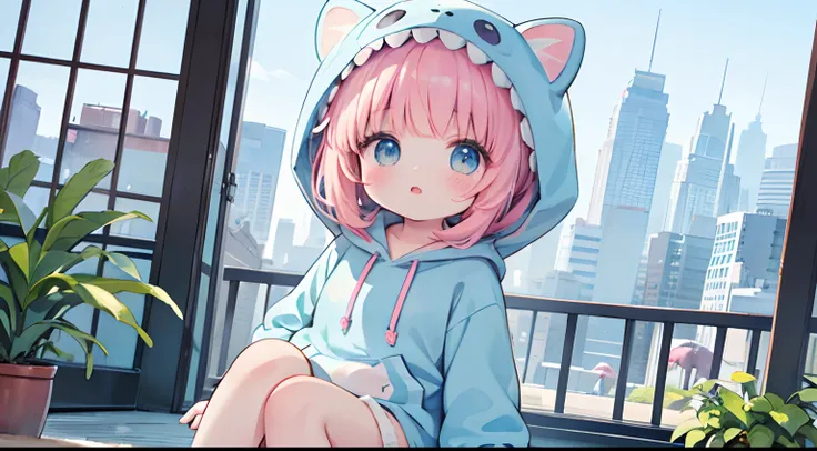 (best quality,4k,8k, watercolor) ((chubby loli, girl in a dinosaur hoodie)), miniature city background