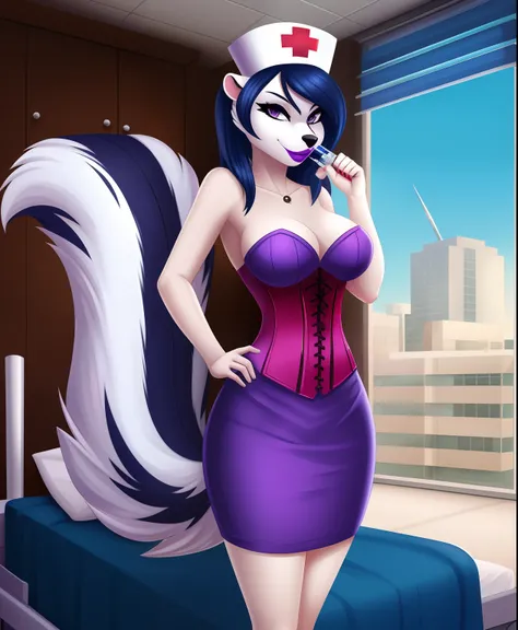 Toxic triage the female skunk supervillain, nurse corset dress, syringe needle on her right arm, surgeon knife on her left arm, purple lipstick, hospital in the background, full body view