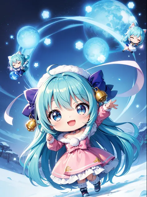 Chibichara　Sparkling snowscape(a picture)　The air is shining、long hair with blue hair((Chibi Chara))、colorful outfit、A charming smile、Fluffy、girl with、Chibi Chara、Friends of the Forest、full body Esbian、Pastel colors hair、masutepiece、top-quality、