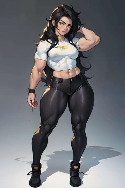 ((((muscular 1girl)))) (((thick thighs toned body small breasts))) (pale skin) black hair yellow eyes very long hair ((full body)) tight shirt tight pants