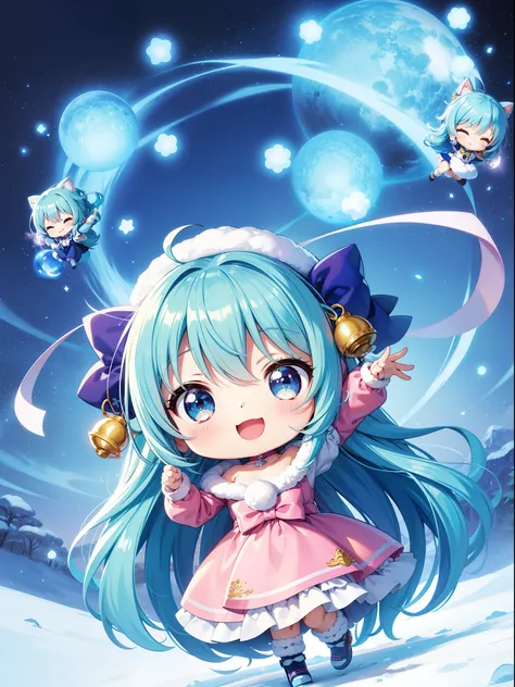 Chibichara　Sparkling snowscape(a picture)　The air is shining、long hair with blue hair((Chibi Chara))、colorful outfit、A charming smile、Fluffy、girl with、Chibi Chara、Friends of the Forest、full body Esbian、Pastel colors hair、masutepiece、top-quality、