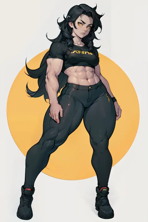 ((((muscular 1girl)))) (((thick thighs toned body small breasts))) (pale skin) black hair yellow eyes very long hair ((full body)) tight shirt tight pants