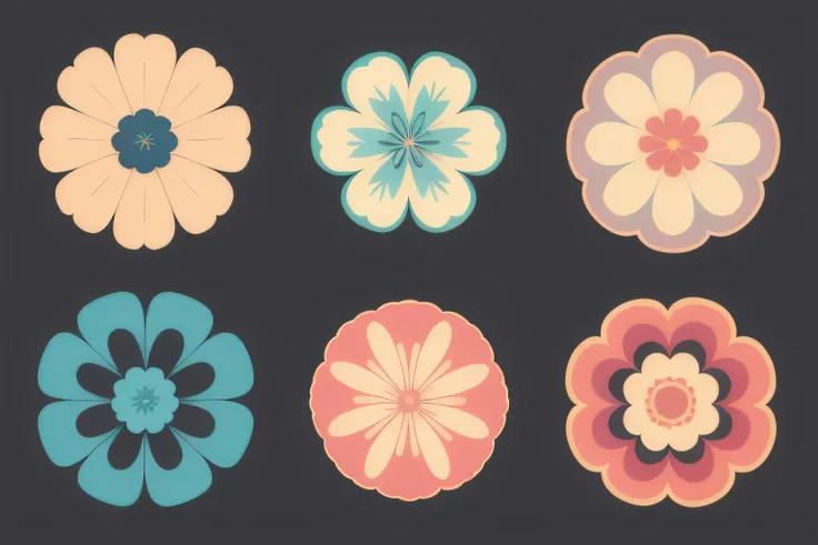 Aesthetic flowers, retro design pattern, multicolored, ((simple)), ((flowers do not protrude from the edges)).