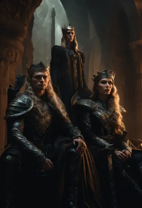 two elf kings and an elf queen, all dressed in black armor covered in darkness, sitting on their thrones, one king is blind, the other king has no legs, and the queen, all on a throne of darkness