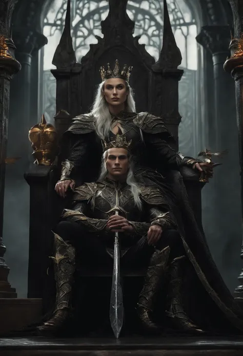 two elf kings and an elf queen, all dressed in black armor covered in darkness, sitting on their thrones, one king is blind, the other king has no legs, and the queen, all on a throne of darkness