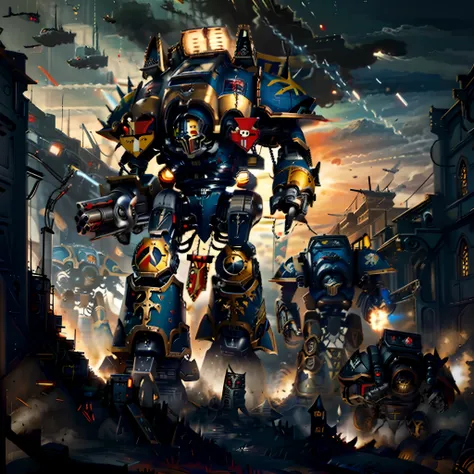 Titan, Warhammer 40k,huge gattling gun,jet black armour,red visors, destroying everything, absolutely stunning art, highest quality digital art, highest resolution