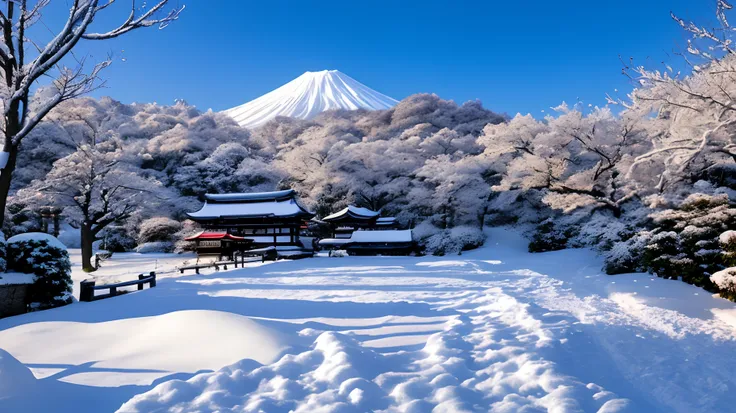 Merry Christmas in Japanese with Snow dusted winter Japan Landscape