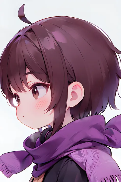 brown hair girl with short hair and purple headphones and brown eyes and black scarf black shirt close up side profile (black scarf and black shirt)(purple headphones)