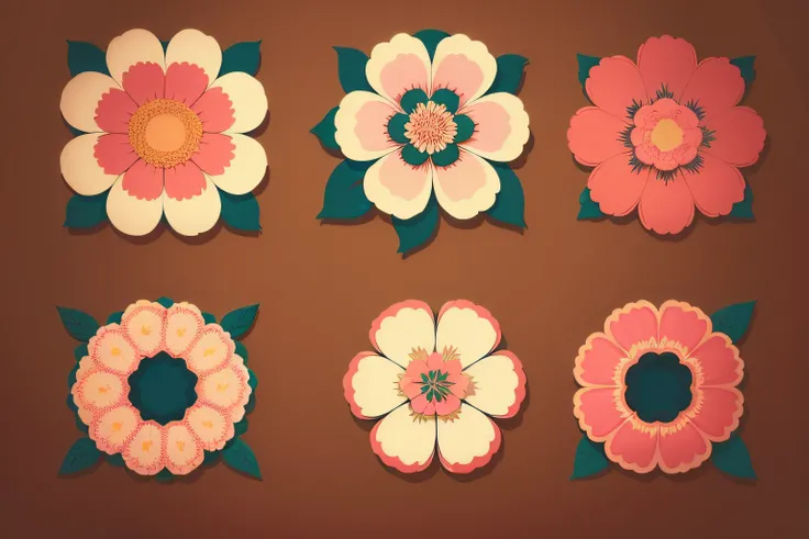 Aesthetic flowers, retro design pattern, multicolored, ((simple)), ((flowers do not protrude from the edges)).