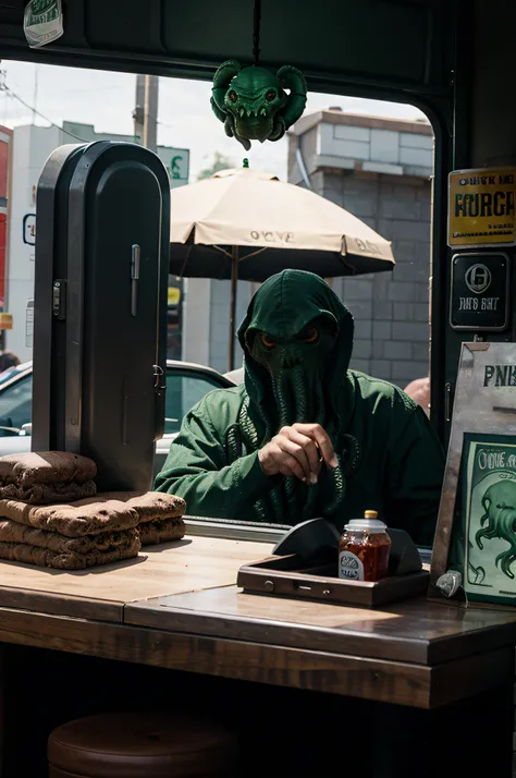 cthulhu working a drive thru handing out an order.