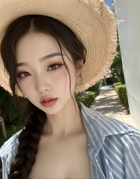 Un primer plano de una mujer con un sombrero de paja y una camisa azul, Hermosa mujer surcoreana, ulzzang, maquillaje popular de Corea del Sur, Hermosa joven coreana, Heonhwa Choe, Hermosa joven coreana, Jinyoung Shin, con sombrero de paja, Chica coreana, ...