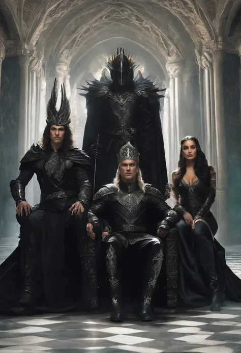 two elf kings and an elf queen, all dressed in black armor covered in darkness, sitting on their thrones, one king wears a raven helmet, the other king has no legs, and the elf queen, all on a throne of darkness