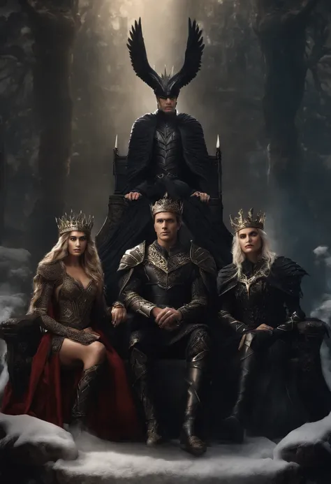 two elf kings and an elf queen, all dressed in black armor covered in darkness, sitting on their thrones, one king wears a raven helmet, the other king has no legs, and the elf queen, all on a throne of darkness