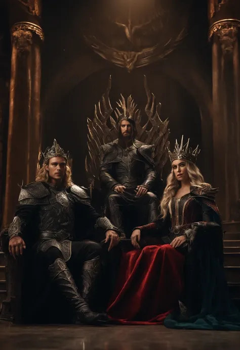 two elf kings and an elf queen, all dressed in black armor covered in darkness, sitting on their thrones, one king wears a raven helmet, the other king has no legs, and the elf queen, all on a throne of darkness