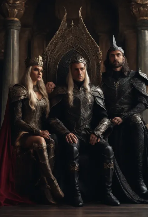 two elf kings and an elf queen, all dressed in black armor covered in darkness, sitting on their thrones, one king wears a raven helmet, the other king has no legs, and the elf queen, all on a throne of darkness