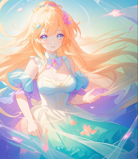 beautiful girl, puffy tiered princess ballgown, vibrant pastel colors, (colorful), glowing golden long hair, magical lights, sparkling magical liquid, inspired by Glen Keane, inspired by Lois van Baarle, disney art style, by Lois van Baarle, glowing aura a...