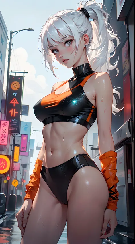 girl sporty,((attractive girl)),

(large breasts:1.4),saggy breasts,(((white hair:1.4,white ponytail hairstyle:1.5,very long hair:1.5))),((heterochromia:1.5, (orange_eye and pink_eye))),intricate eyes,beautiful detailed eyes,symmetrical eyes,((fat))(((lust...