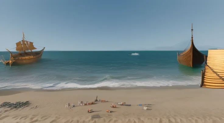 there are two boats that are on the beach near the water, very wide wide shot, beach, ultra-wide shot, ultra - wide shot, iso 1 0 0 wide view, low ultrawide shot, ultra wide-shot, wide shot 4k result, viking boats, port, sand sea, crashing waves, clear sky...