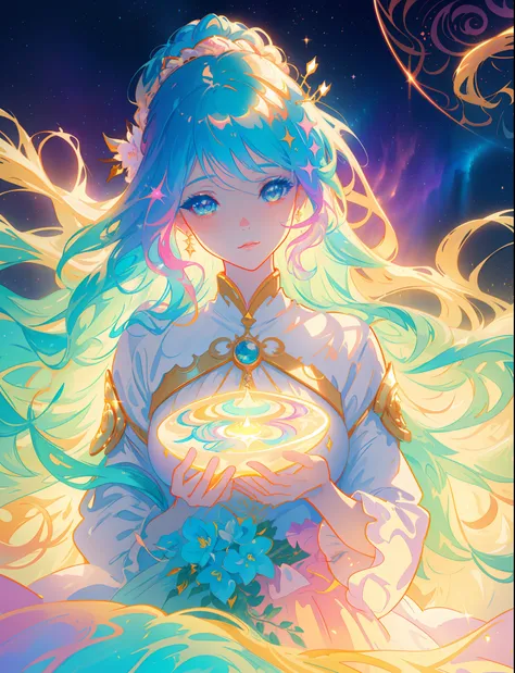 beautiful girl, puffy tiered ballgown, vibrant pastel colors, otherworldly landscape, (colorful), glowing golden long hair, magical lights, sparkling magical liquid, inspired by Glen Keane, inspired by Lois van Baarle, disney art style, by Lois van Baarle,...