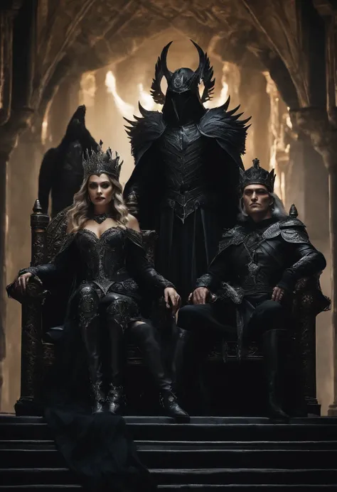 two dark elf kings and an elf queen, all dressed in black armor covered in darkness, sitting on their thrones, one king wears a raven helmet, the other king has no legs, and the elf queen, all on a throne of darkness