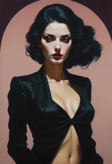 chiaroscuro technique on sensual illustration of an elegant 1980s woman, vintage beauty, eerie, thick oil painting, by hannah da...