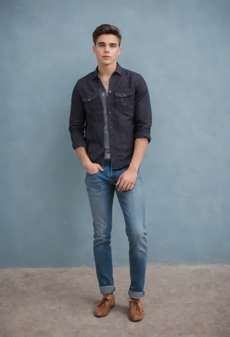 Arafed man standing in front of a wall with a checkered wall behind him, ( ( ( wearing jeans ) ) ), imagem de corpo inteiro, with his hands in his pockets, tiro de corpo inteiro!!, em torno de 1 9 anos, foto de retrato de corpo inteiro, vestindo um baggy, ...