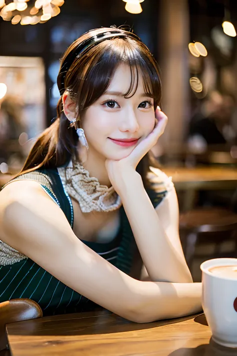 ((​masterpiece)),(8K, 4K, Best Quality, hight resolution:1.2), (maasterpiece, Realistic, photographrealistic:1.37)、cafes、girl with、Dancing in a café