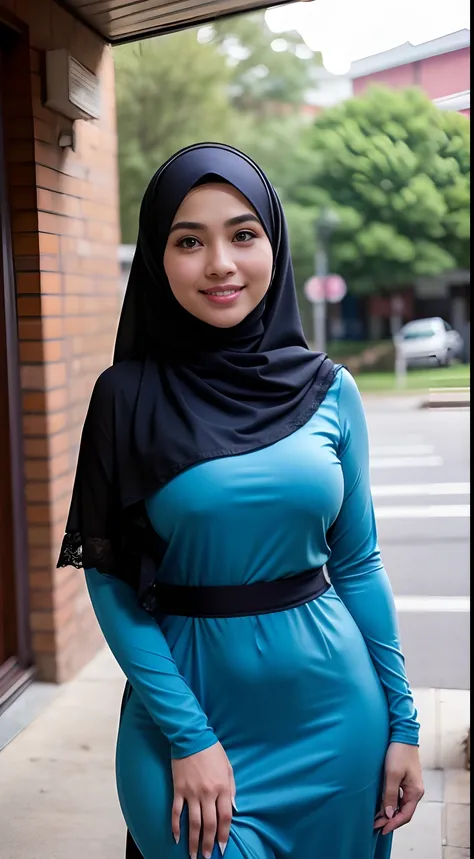 RAW, Best quality, high resolution, Masterpiece: 1.3), Beautiful Malay woman in hijab, Masterpiece, Perfect slim body, ((Big breasts)), Beautiful big eyes, Soft smile, (wearing baju kurung ketat), smiling, windy, skin details, skin texture details, wide hi...