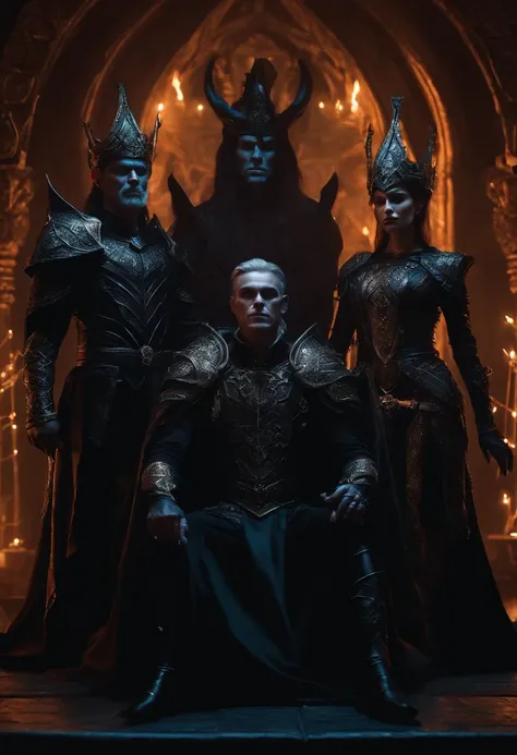 two dark elf kings and an elf queen, all dressed in black armor covered in darkness, all sitting on a single great throne covered in darkness