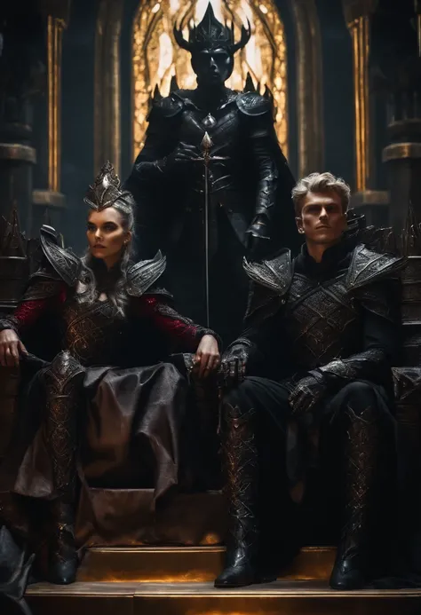 two dark elf kings and an elf queen, all dressed in black armor covered in darkness, all sitting on a single great throne covered in darkness