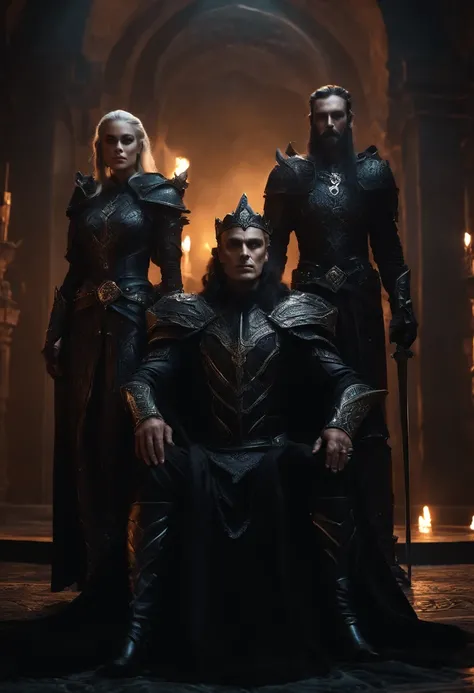 two dark elf kings and an elf queen, all dressed in black armor covered in darkness, all sitting on a single great throne covered in darkness