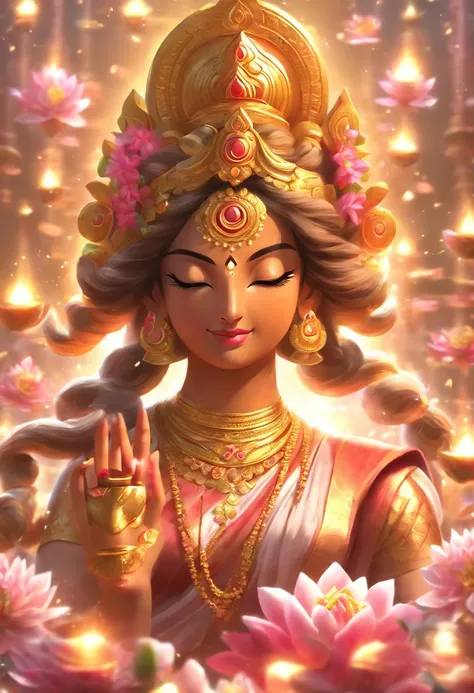 (((Lakshmi))) best quality, ultra-high resolution, 4K detailed CG, masterpiece, Hindu Goddess, Hindu mythology, ((goddess of wealth)), Hindu image, aesthetic, screen-centric