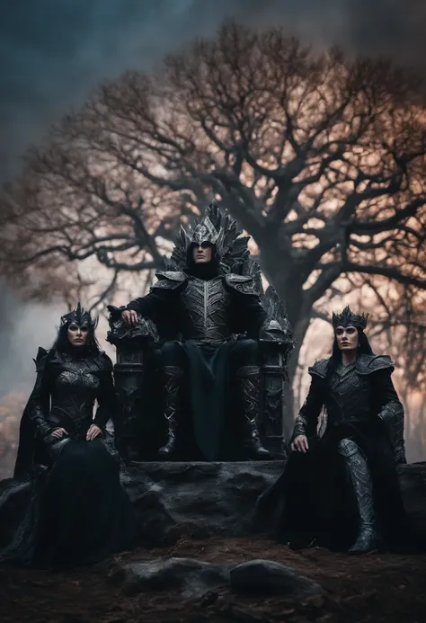 two dark elf kings and an elf queen, all dressed in black armor covered in darkness, all sitting on a single large throne that sits on a gigantic white tree