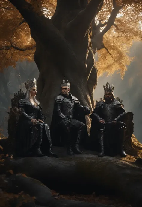 two dark elf kings and an elf queen, all dressed in black armor covered in darkness, all sitting on a single large throne that sits on a gigantic white tree