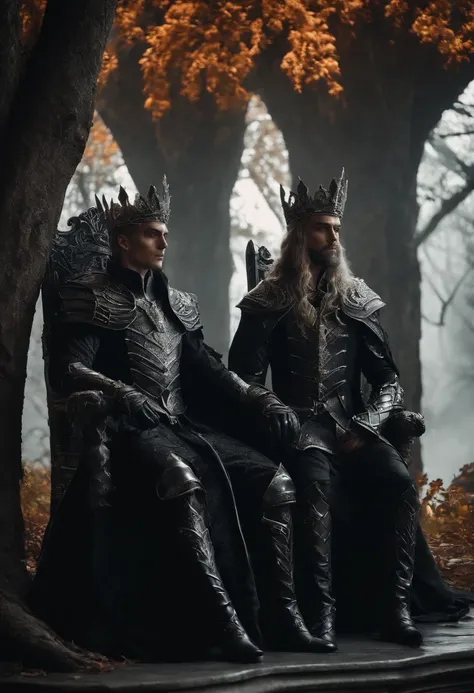 two dark elf kings and an elf queen, all dressed in black armor covered in darkness, all sitting on a single large throne that sits on a gigantic white tree