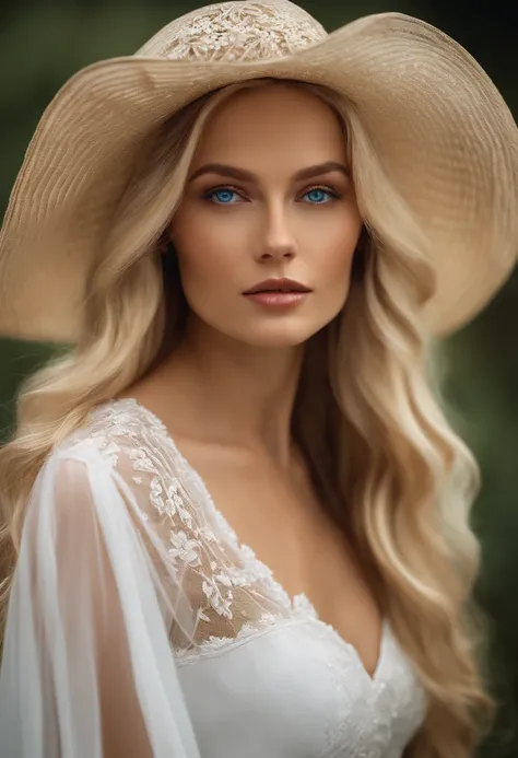 A stunning woman with long blonde hair and blue eyes in a white dress and a hat