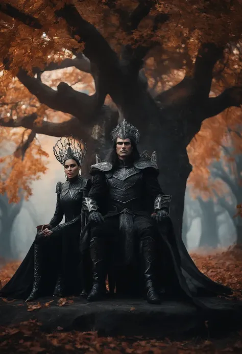 two dark elf kings and an elf queen, all dressed in black armor covered in darkness, all sitting on a single large throne that sits on a gigantic white tree