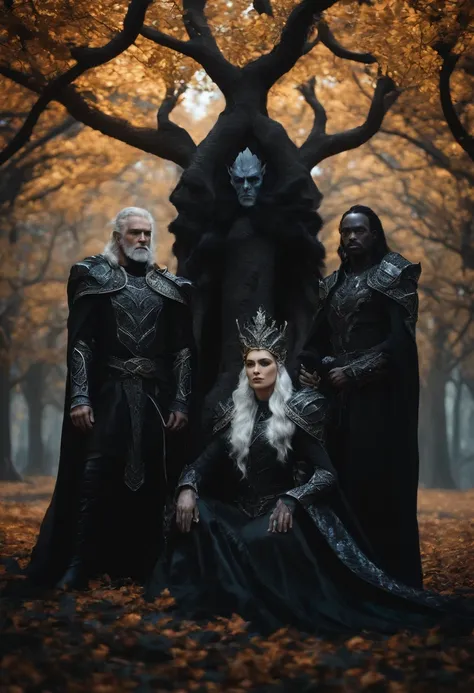 two dark elf kings and an elf queen, all dressed in black armor covered in darkness, all sitting on a single large throne that sits on a gigantic white tree