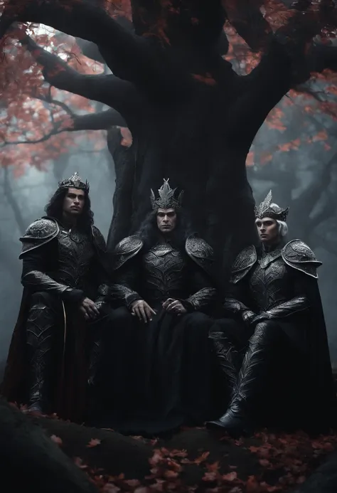 two dark elf kings and an elf queen, all dressed in black armor covered in darkness, all sitting on a single large throne that sits on a gigantic white tree