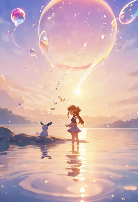 An inspiring scene in ultra-high definition 3D showcasing Haganer making a wish on the shore of a tranquil lake. Haganer, Beautifully rendered down to the smallest detail, Bubbles are seen gently blowing into the air, Each has a hopeful wish. Bubbles captu...