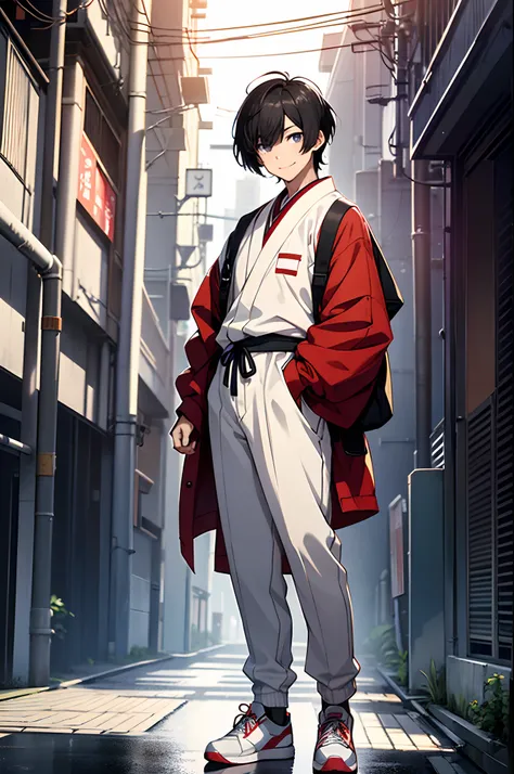 A man wearing a boys japanese school uniform. He has strait jet black hair and clean cut bangs, dark blue eyes and pale skin. He has red and white sneakers. anime-style, smiling, ((front facing shot)), (full body in shot)), ((standing)),