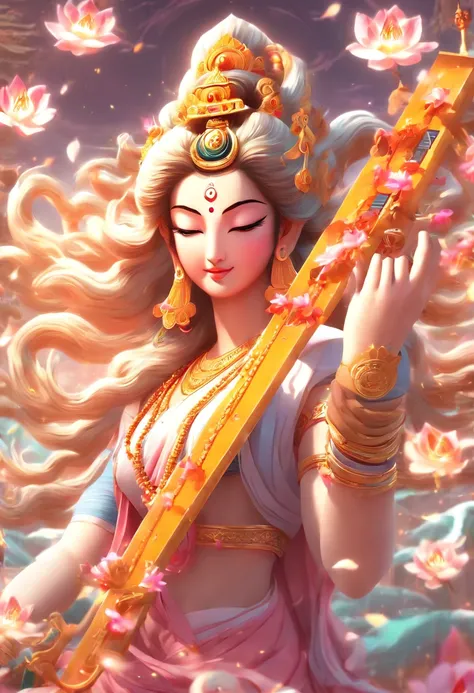 (((Saraswati))) best quality, ultra-high resolution, 4K detailed CG, masterpiece, Hindu Goddess,goddess of music, Hindu mythology, ((with a citer)), Hindu image, aesthetic, screen-centric