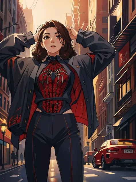 (masterpiece, best quality), intricate details, 8k, artstation, wallpaper, official art, splash art, sharp focus,
1girl, long hair, twin tails, brown eyes, dark hair, 
 spider suit, spider web printing, spider web,  
skyscrapers, city, buildings, cars, str...