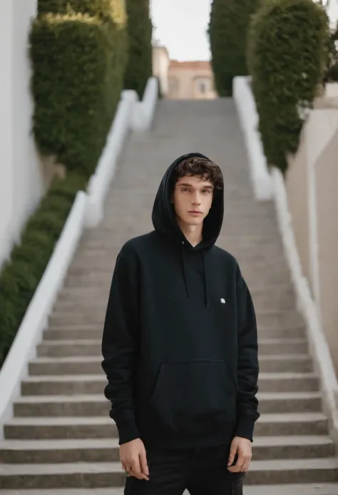 Man in black hoodie standing on a set of stairs, outlive streetwear collection, Estilo Temor de Deus, preto Hoodie Techie, Retrato no meio da foto, trending on r/streetwear, tommy 1 6 anos de idade, Estilo Tyler Jacobson, Album art, Finn Wolfhard, usando u...