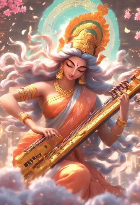 (((Saraswati))) best quality, ultra-high resolution, 4K detailed CG, masterpiece, Hindu Goddess,goddess of music, Hindu mythology, ((with a veena)), Hindu image, aesthetic, screen-centric