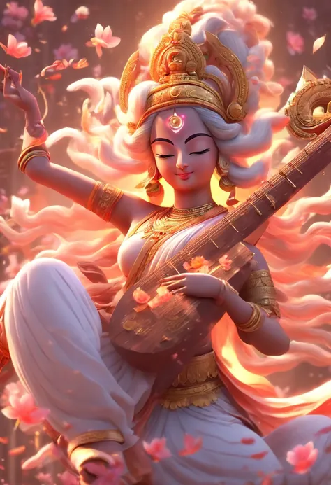 (((Saraswati))) best quality, ultra-high resolution, 4K detailed CG, masterpiece, Hindu Goddess,goddess of music, Hindu mythology, ((with a veena)), Hindu image, aesthetic, screen-centric