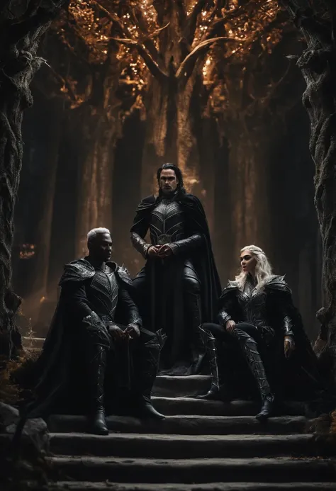 two dark elf kings and an elf queen, all dressed in black armor covered in darkness, all sitting on a single large throne that sits on a gigantic white tree