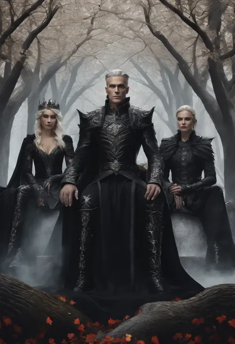 two dark elf kings and an elf queen, all dressed in black armor covered in darkness, all sitting on a single large throne that sits on a gigantic white tree