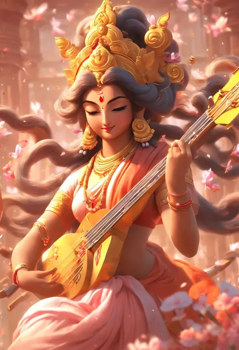 (((Saraswati))) best quality, ultra-high resolution, 4K detailed CG, masterpiece, Hindu Goddess,goddess of music, Hindu mythology, ((with a veena)), Hindu image, aesthetic, screen-centric